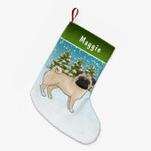 Fawn Pug Schattige Cartoon Dog Snowy Winter Forest Kleine Kerstsok (Voorkant (Hangend))