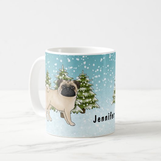 Fawn Pug Schattige Cartoon Dog Snowy Winter Forest Koffiemok (Voorkant links)