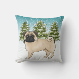 Fawn Pug Schattige Cartoon Dog Snowy Winter Forest Kussen