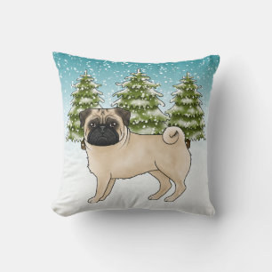 Fawn Pug Schattige Cartoon Dog Snowy Winter Forest Kussen