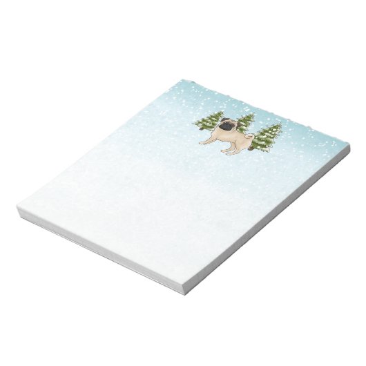 Fawn Pug Schattige Cartoon Dog Snowy Winter Forest Notitieblok (Linkerzijde)