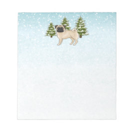 Fawn Pug Schattige Cartoon Dog Snowy Winter Forest Notitieblok