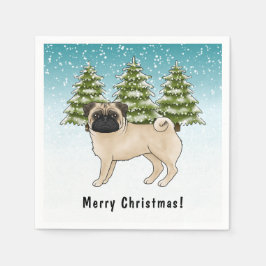Fawn Pug Schattige Cartoon Dog Snowy Winter Forest Servet
