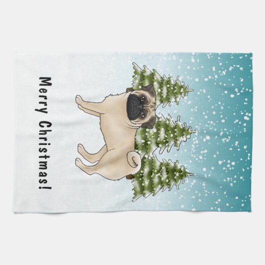 Fawn Pug Schattige Cartoon Dog Snowy Winter Forest Theedoek (Horizontaal)