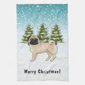 Fawn Pug Schattige Cartoon Dog Snowy Winter Forest Theedoek (Verticaal)