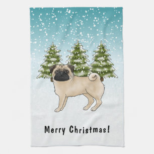 Fawn Pug Schattige Cartoon Dog Snowy Winter Forest Theedoek