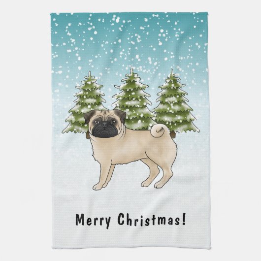 Fawn Pug Schattige Cartoon Dog Snowy Winter Forest Theedoek (Verticaal)