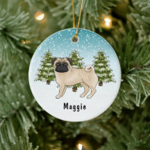 Fawn Pug Schattigee cartoon hond in blauw winterbo