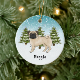Fawn Pug Schattigee cartoon hond in blauw winterbo Keramisch Ornament