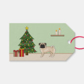 Fawn Pug Schattigee cartoon hond met een kerstboom Cadeaulabel (Voorkant (Horizontaal))