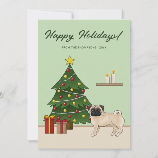 Fawn Pug Schattigee cartoon hond met een kerstboom Feestdagenkaart (Voorkant)