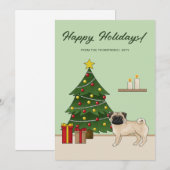 Fawn Pug Schattigee cartoon hond met een kerstboom Feestdagenkaart (Voorkant / Achterkant)