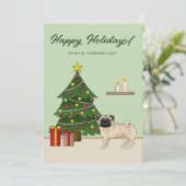 Fawn Pug Schattigee cartoon hond met een kerstboom Feestdagenkaart (Staand voorkant)