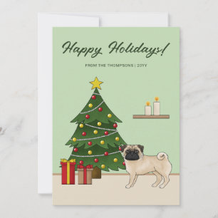 Fawn Pug Schattigee cartoon hond met een kerstboom Feestdagenkaart
