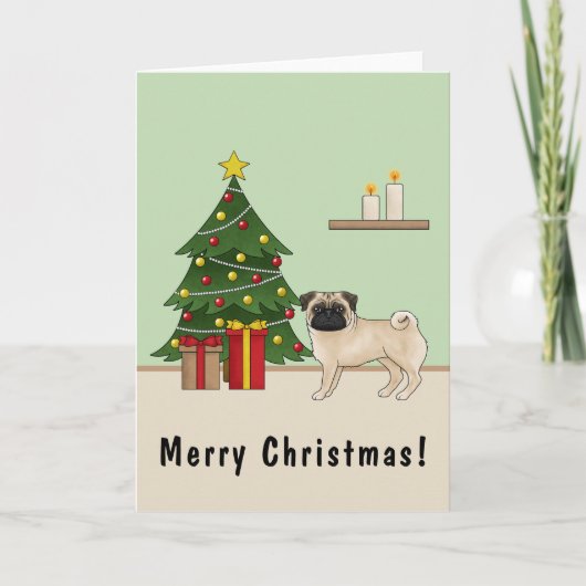 Fawn Pug Schattigee cartoon hond met een kerstboom Kaart (Voorkant)