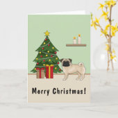 Fawn Pug Schattigee cartoon hond met een kerstboom Kaart (Gele Bloem)