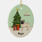 Fawn Pug Schattigee cartoon hond met een kerstboom Keramisch Ornament (Rechts)