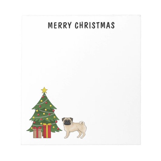 Fawn Pug Schattigee cartoon hond met een kerstboom Notitieblok (Voorkant)