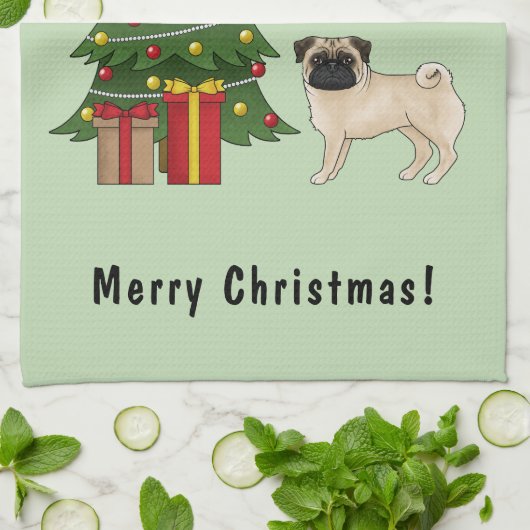 Fawn Pug Schattigee cartoon hond met een kerstboom Theedoek (Gevouwen)