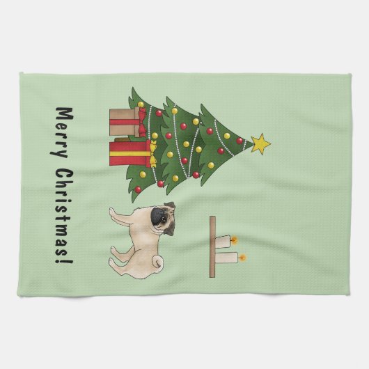 Fawn Pug Schattigee cartoon hond met een kerstboom Theedoek (Horizontaal)