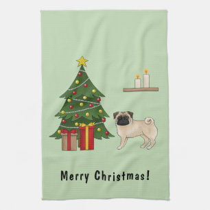 Fawn Pug Schattigee cartoon hond met een kerstboom Theedoek
