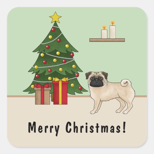 Fawn Pug Schattigee cartoon hond met een kerstboom Vierkante Sticker (Voorkant)