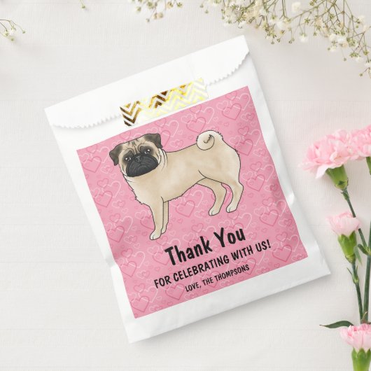Fawn Pug Schattigee dweilen op roze harten dank u Bedankzakje (Gezegeld)