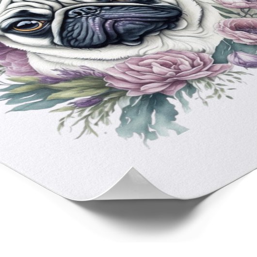 Fawn Pug Waterverf Floral Poster (Hoek)