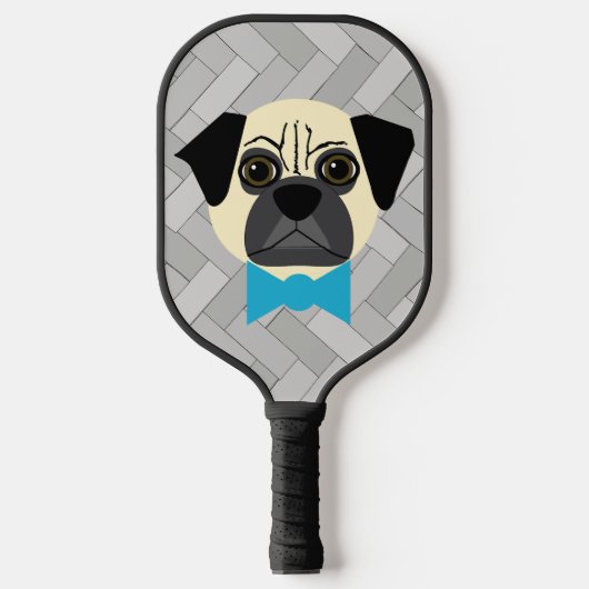 Fawn Pug with bowtie, Herringbone grey Pickleball Paddle (Voorkant)