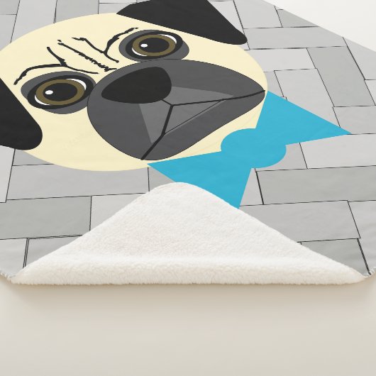 Fawn Pug with bowtie, Herringbone grey  Sherpa Deken (3/4)