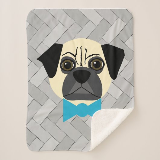 Fawn Pug with bowtie, Herringbone grey Sherpa Deken (Voorkant)