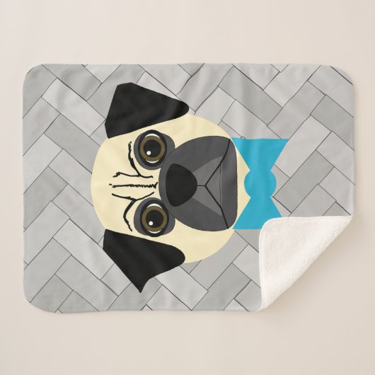Fawn Pug with bowtie, Herringbone grey  Sherpa Deken (Voorkant (horizontaal))