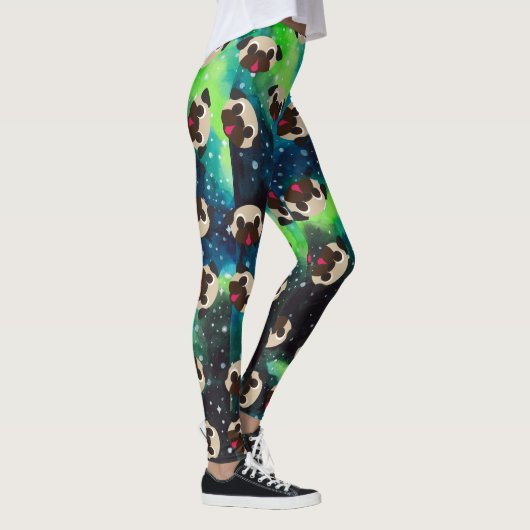 Fawn Pugs on Blue Green Cosmic Background Leggings (Rechts)