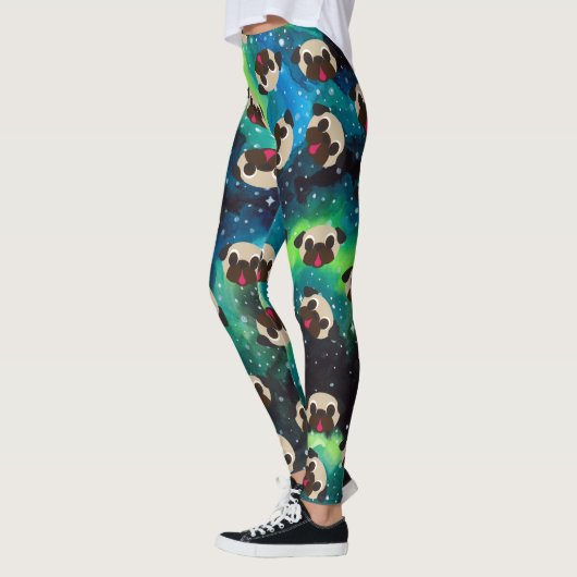 Fawn Pugs on Blue Green Cosmic Background Leggings (Links)