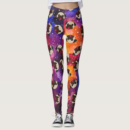 Fawn Pugs on Cosmic Space Background Leggings (Voorkant)