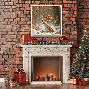 Fawn Red Berries Sneeuwbos Vallende bladeren Poster