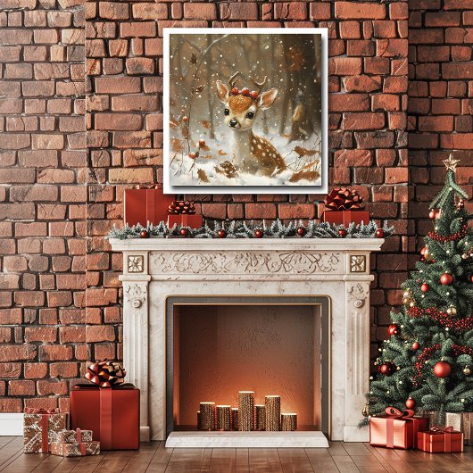 Fawn Red Berries Sneeuwbos Vallende bladeren Poster