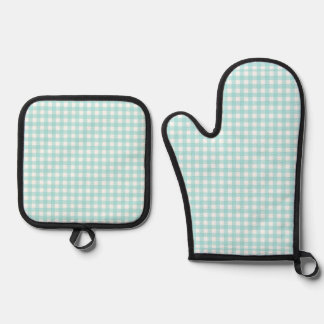 Faye en Lauren Aqua Blauwe Gingham 1 Ovenwant & Pannenlap Set