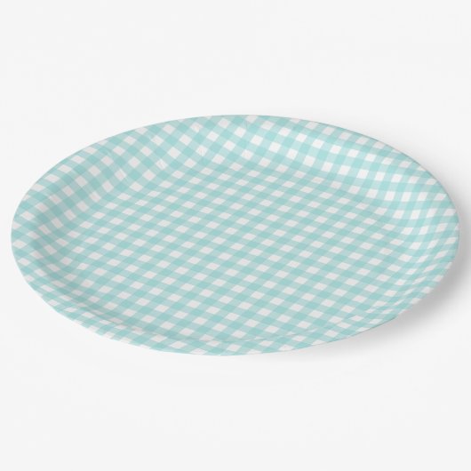Faye en Lauren Aqua Blue Gingham Papieren Bordje (Gekanteld)