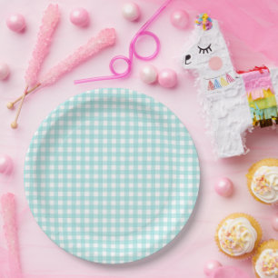 Faye en Lauren Aqua Blue Gingham Papieren Bordje