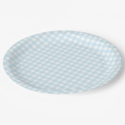 Faye en Lauren Light Blue Gingham Papieren Bordje (Gekanteld)