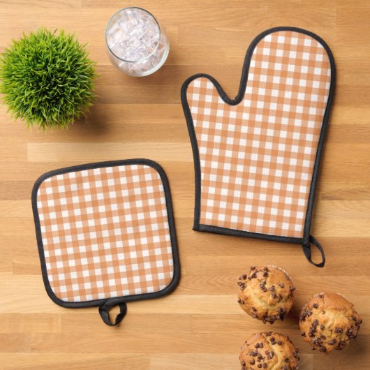 Faye en Lauren Sinaasappel Gingham Ovenwant & Pannenlap Set (Top down)