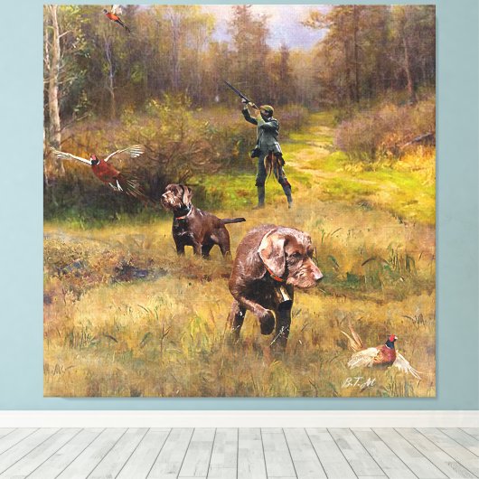 Fazant jacht met een Pudelpointers Canvas Afdruk (Insitu (Houten vloer))