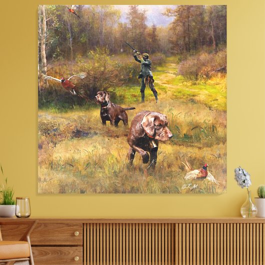Fazant jacht met een Pudelpointers Canvas Afdruk (Insitu (Woonkamer))
