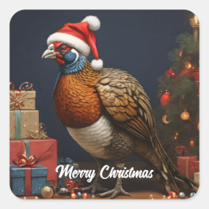 Fazant met kerstboom en cadeaus vierkante sticker