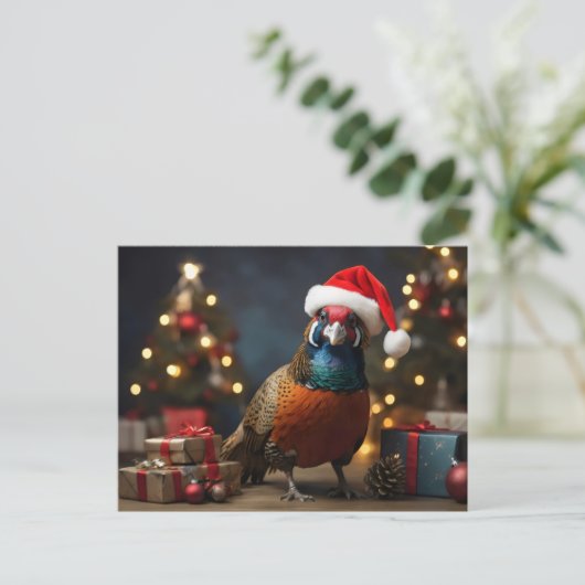 Fazant met kerstmuts briefkaart (Staand voorkant)