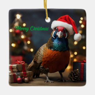 Fazant met kerstmuts keramisch ornament