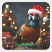 Fazant met kerstmuts vierkante sticker (Voorkant)
