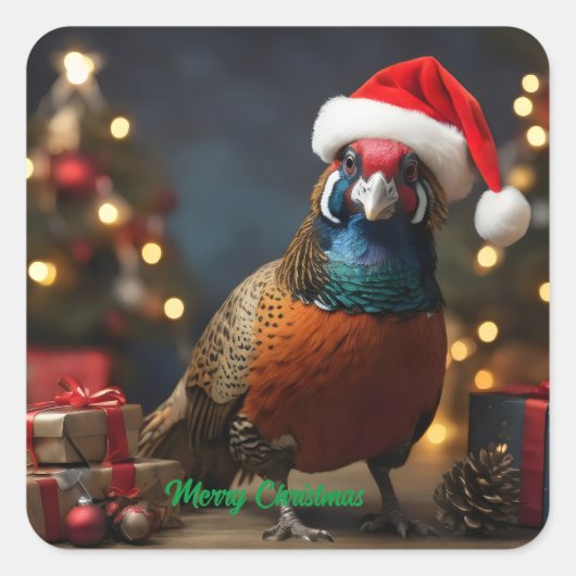 Fazant met kerstmuts vierkante sticker (Voorkant)