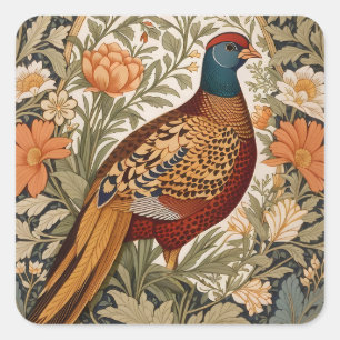 Fazant Vintage Bloem William Morris Geïnspireerd Vierkante Sticker
